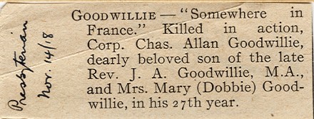 News Article in the Presbyterian Reporting Death of Goodwillie, 14th November 1918 