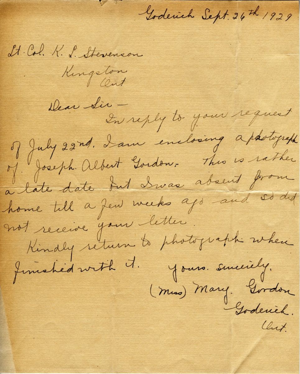 Letter from Miss Mary Gordon to Lt. Col. K.L. Stevenson, 26th September 1929