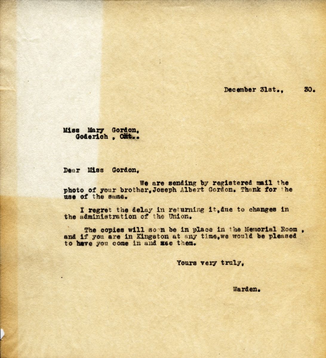 Letter from the Warden to Miss Mary Gordon, 31st December 1930