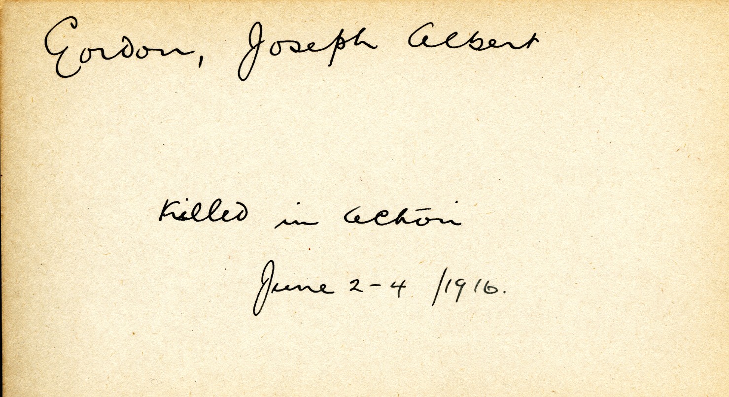 Card Describing Cause of Death of Gordon, June 1916