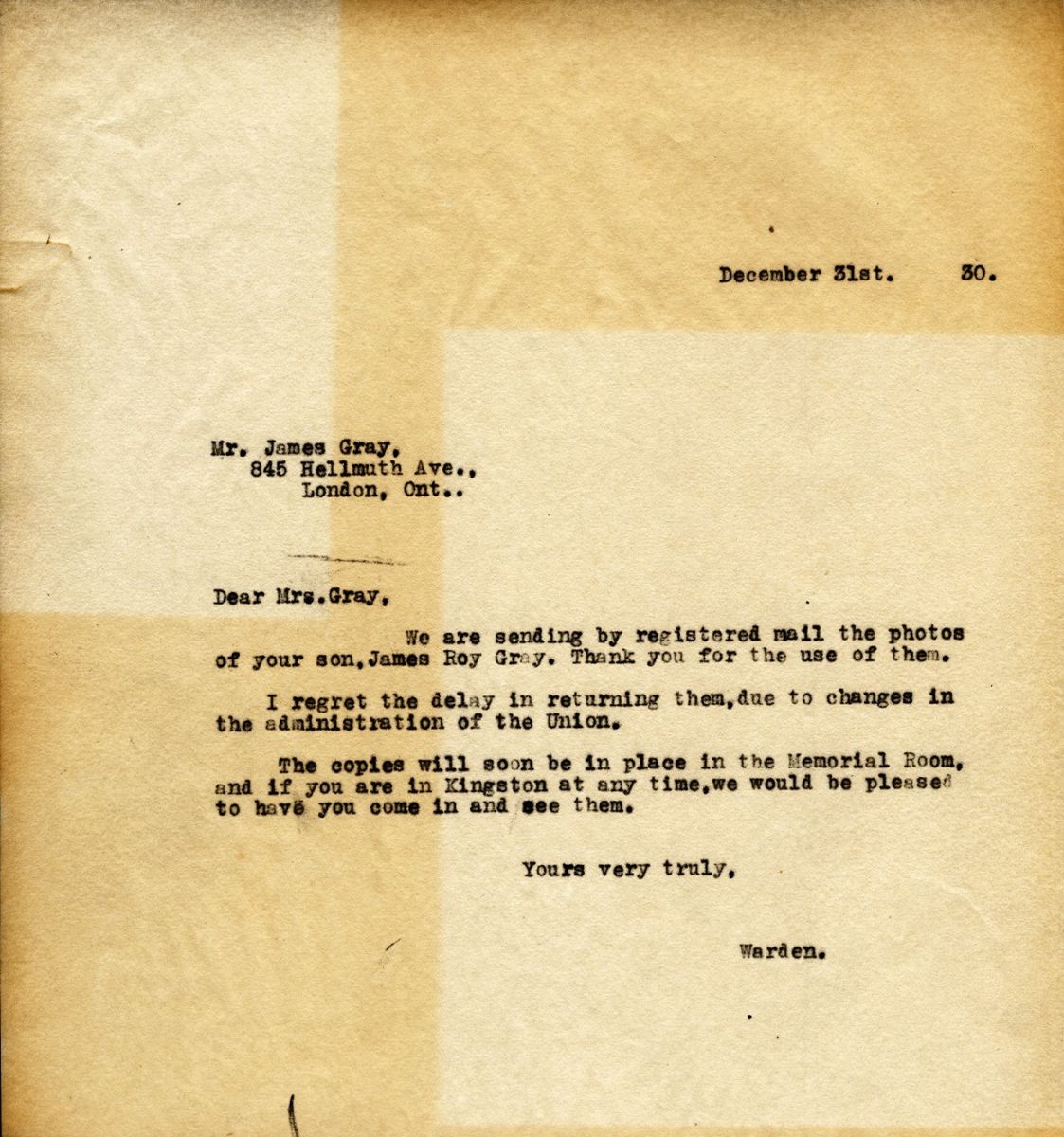 Letter from the Warden to Mr. James Gray, 31st December 1930
