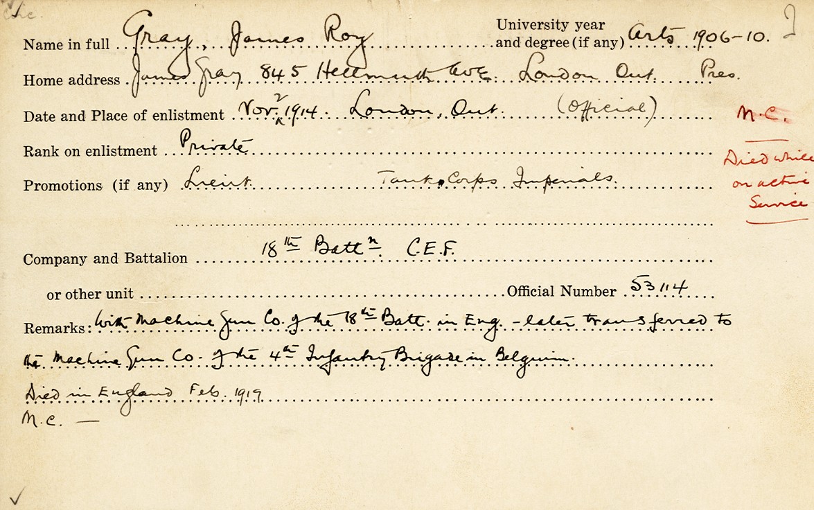 University Military Service Record of Gray, Front Page