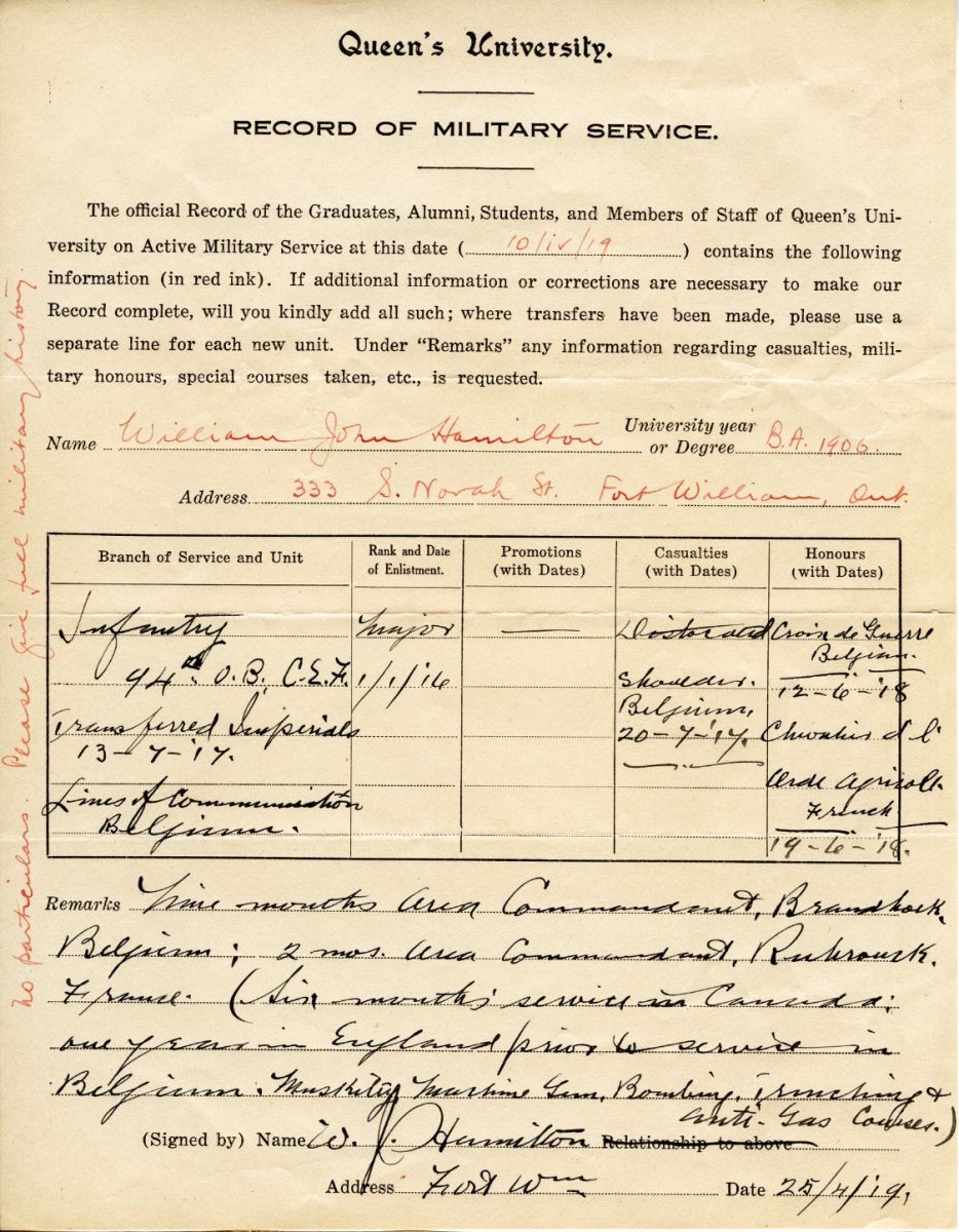 Record of Military Service, Queen's University, William John Hamilton