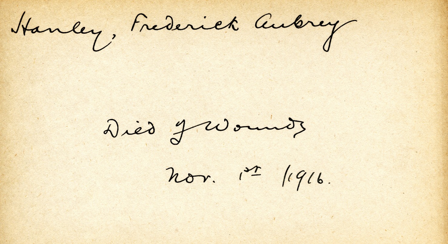 Card Describing Cause of Death of Hanley, 1st November 1916