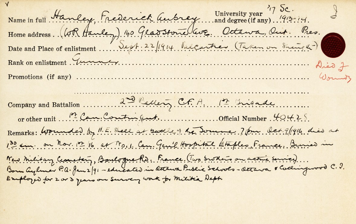 University Military Service Record of Hanley