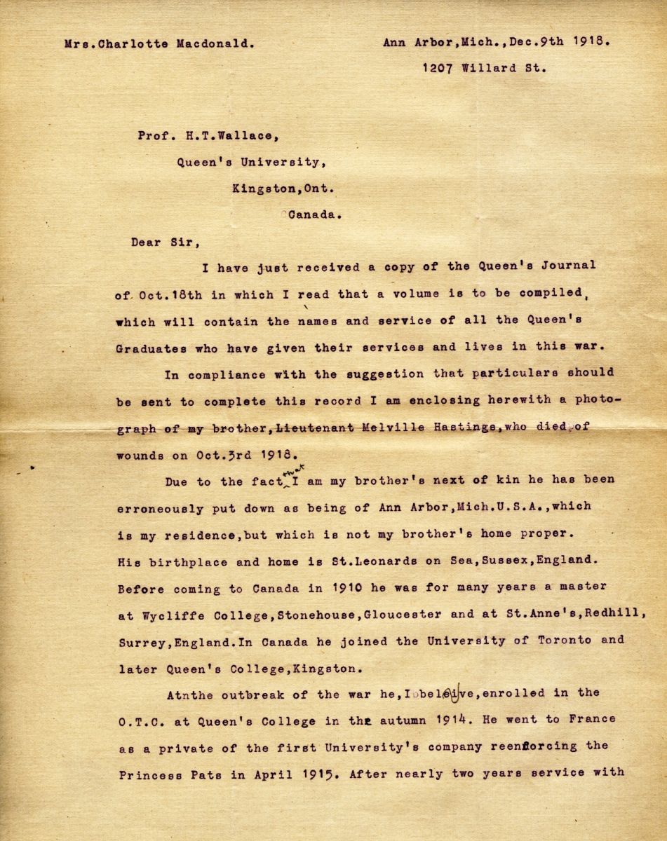 Letter from Charlotte MacDonald to Prof. H.T. Wallace, 9th December 1918, Page 1