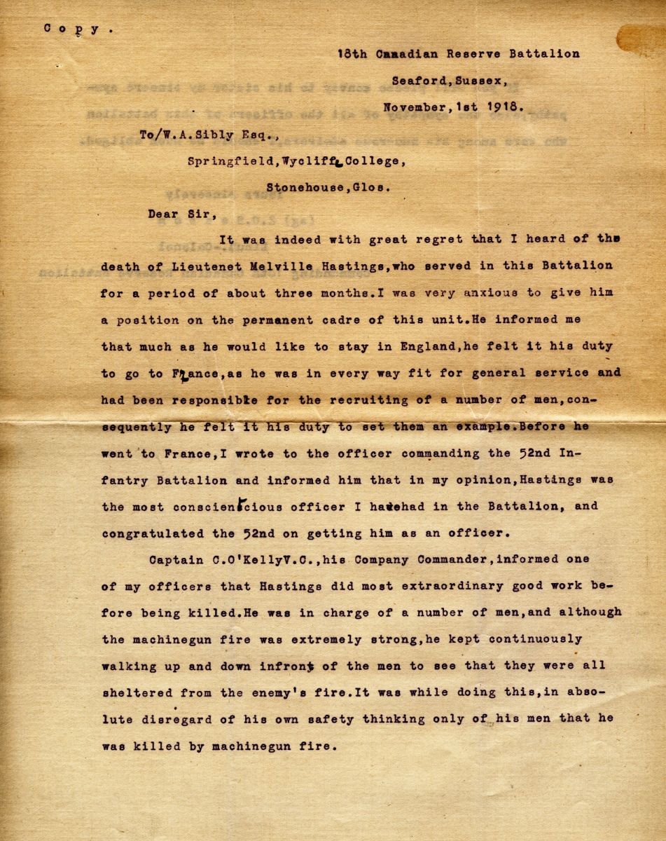 Letter from Lt. Col. K.C. Beason to W.A. Sibly Esq. 1st November 1918, Page 1