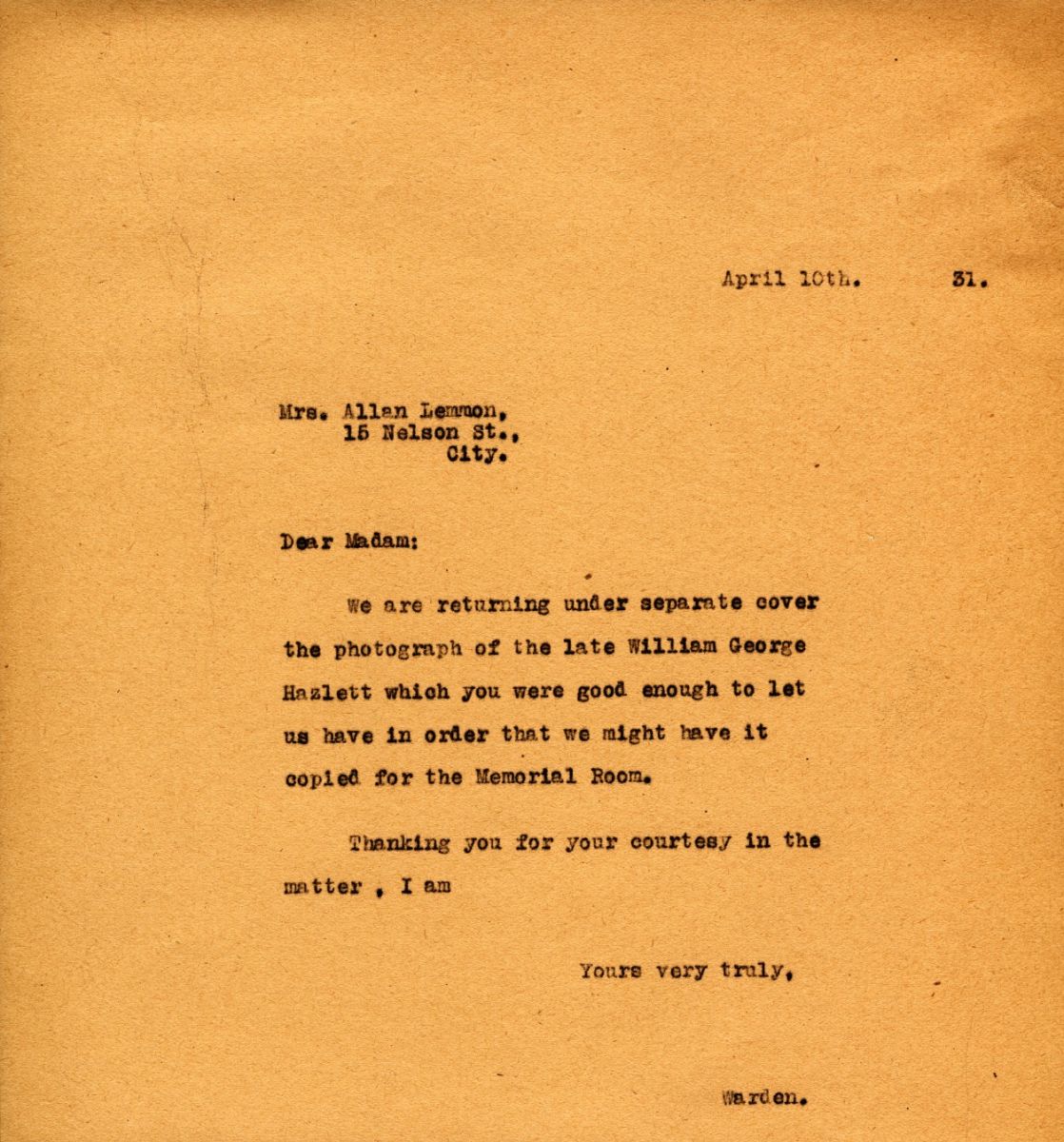 Letter from the Warden to Mrs. Allan Lemmon, 10th April 1931