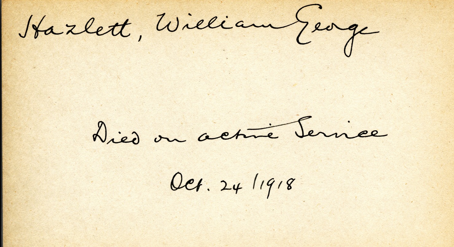 Card Describing Cause of Death of Hazlett, 24th October 1918
