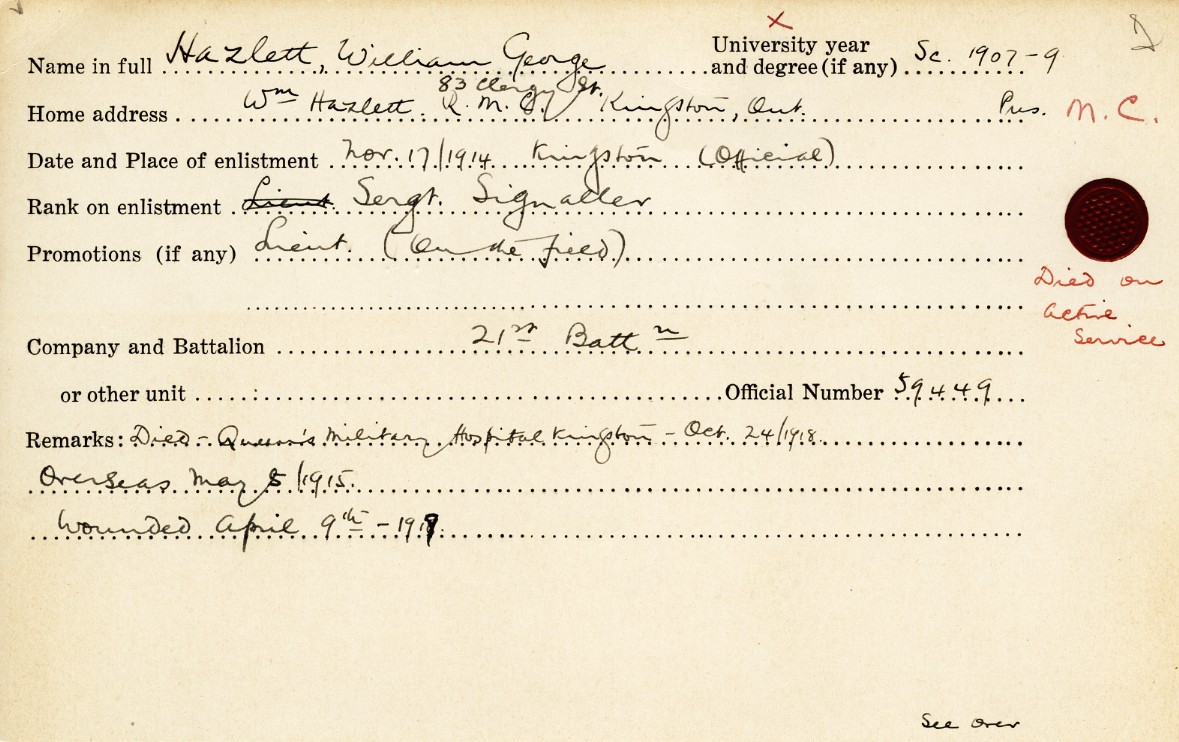 University Military Service Record of Hazlett, Front Page