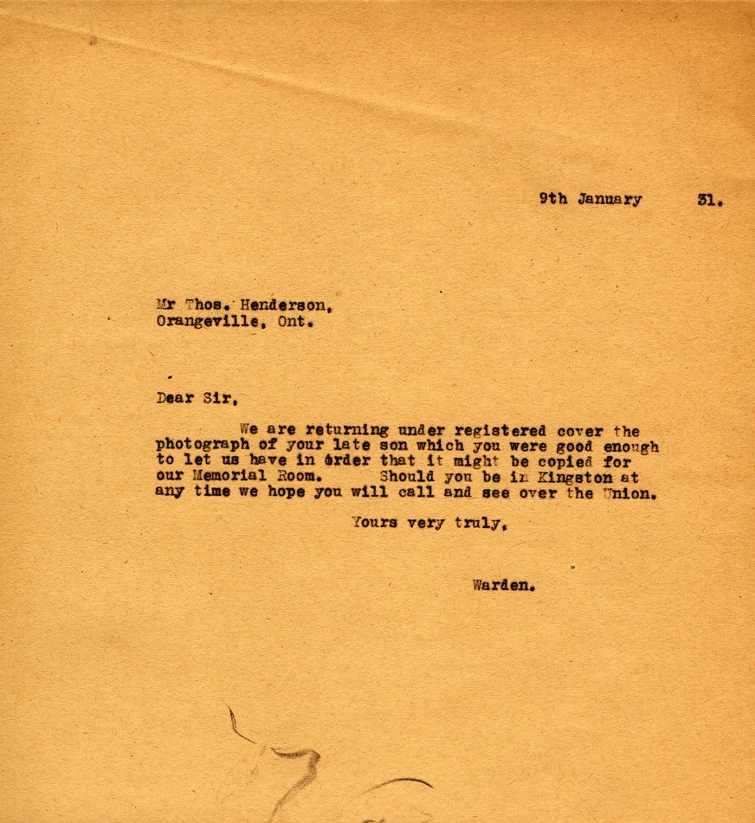 Letter from the Warden to Mr. Thos Henderson, 9th January 1931
