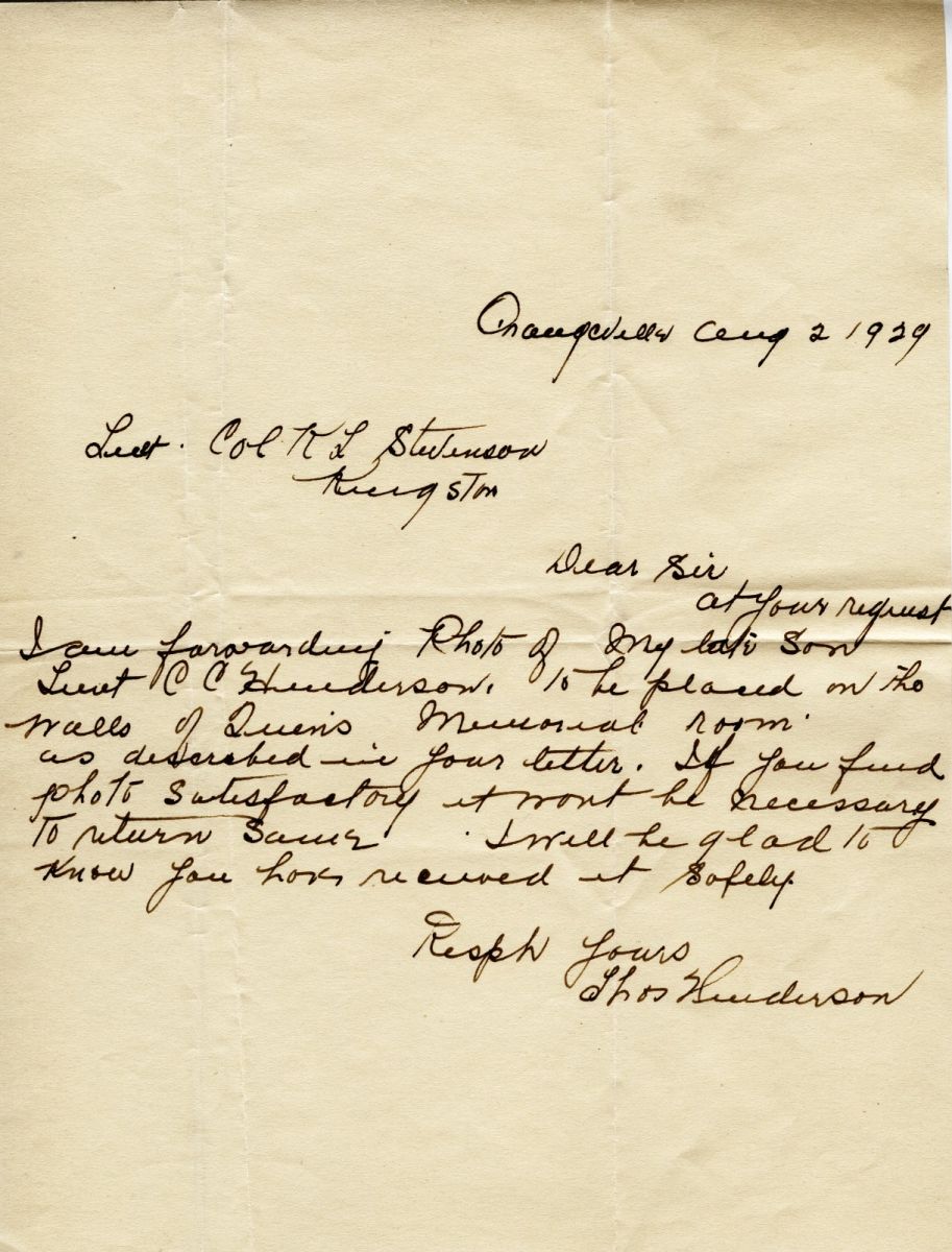 Letter from Thos Henderson to Lt. Col. K.L. Stevenson, 2nd August 1929