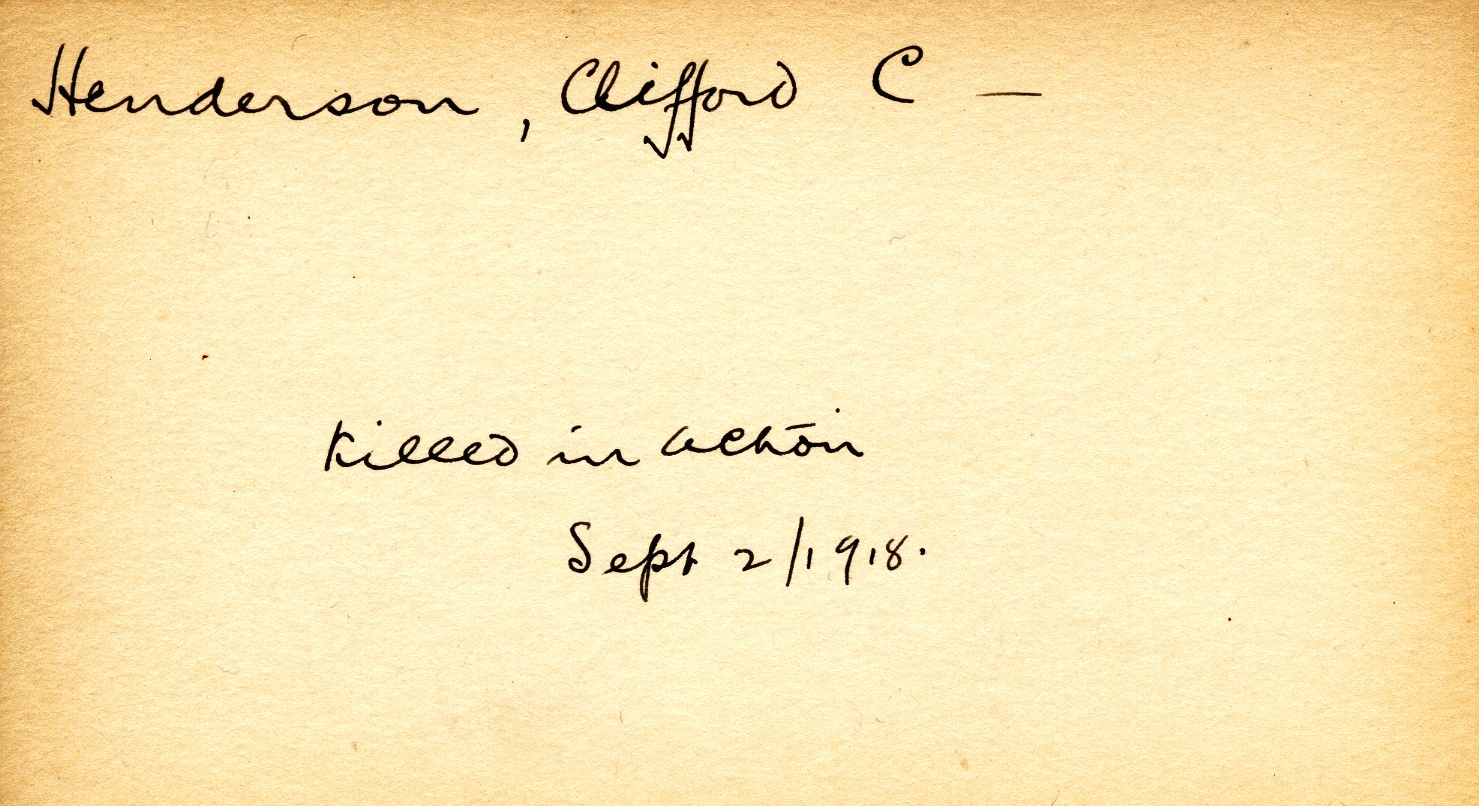 Card Describing Cause of Death of Henderson, 2nd September 1918