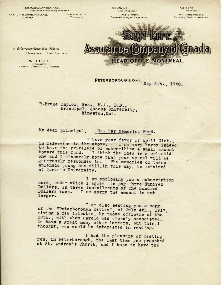 Letter from W.H. Hill to Principal R. Bruce Taylor, 6th May 1920, page 1