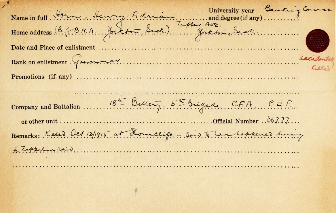 University Military Service Record of Horn