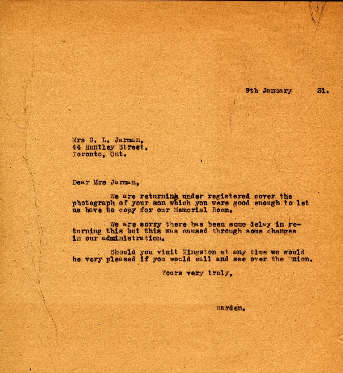 Letter from the Warden to Mrs. G.L. Jarman, 9th January 1931