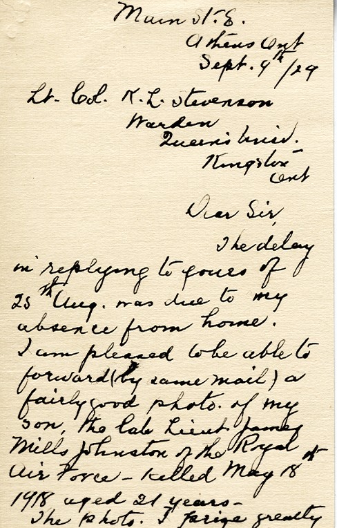 Letter from Mrs. Margaret A. Johnston to Lt. Col. K.L. Stevenson, 9th September 1929, Page 1