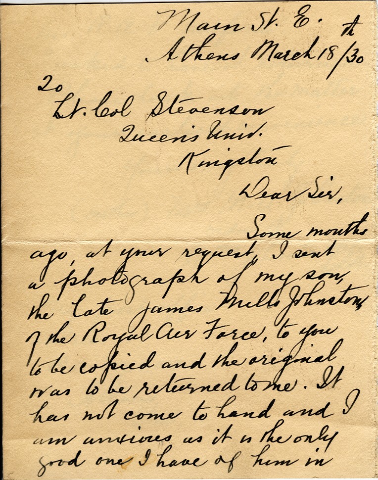 Letter from Mrs. Margaret A. Johnston to Lt. Col. K.L. Stevenson, 18th March 1930, Page 1