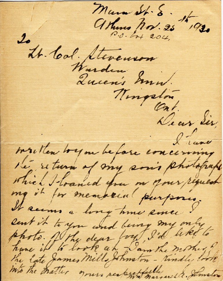 Letter from Mrs. Margaret A. Johnston to Lt. Col. K.L. Stevenson, 25th November 1930