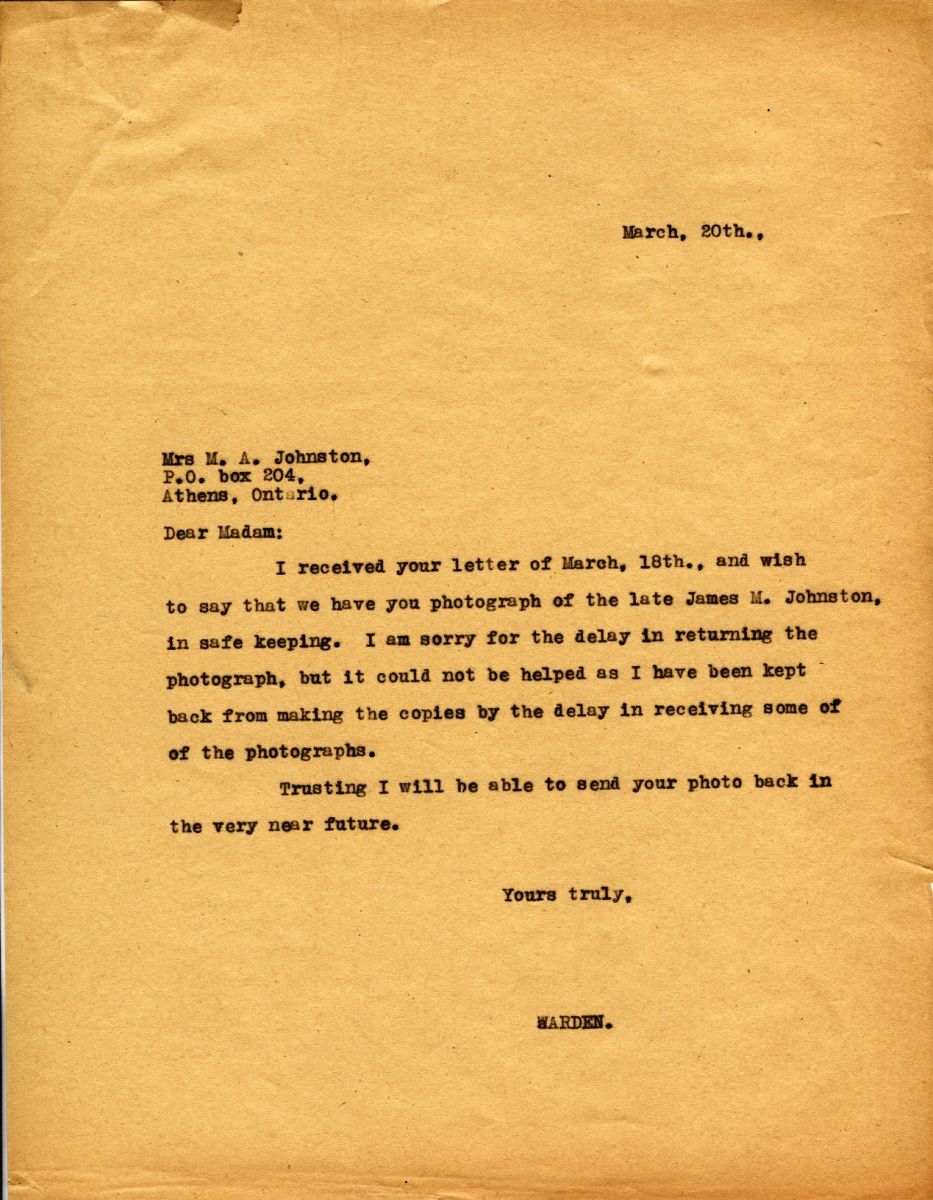 Letter from the Warden to Mrs. Margaret A. Johnston, 20th March