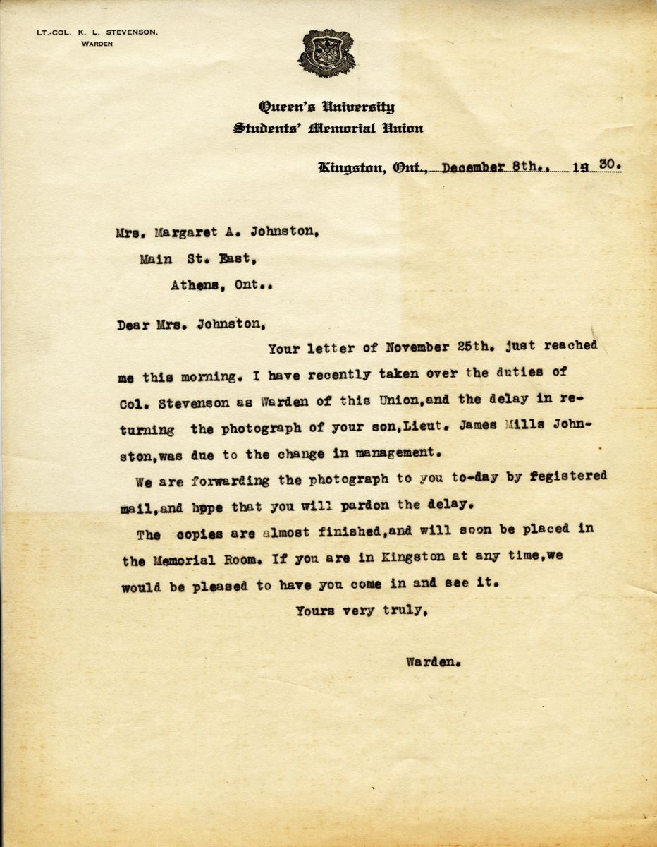 Letter from the Warden to Mrs. Margaret A. Johnston, 8th December 1930