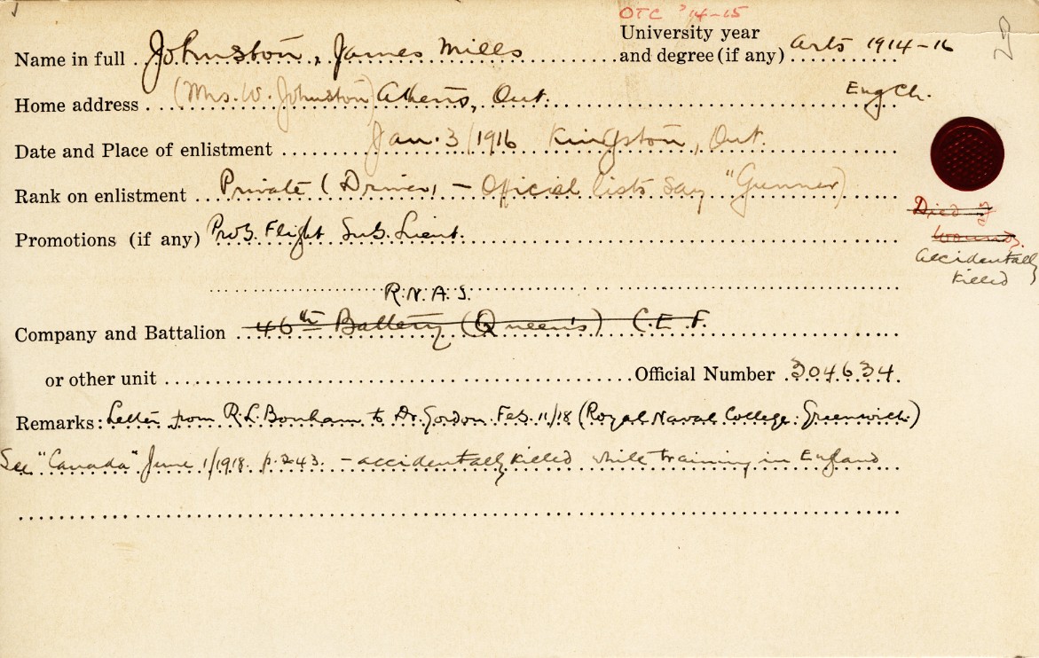 University Military Service Record of Johnston