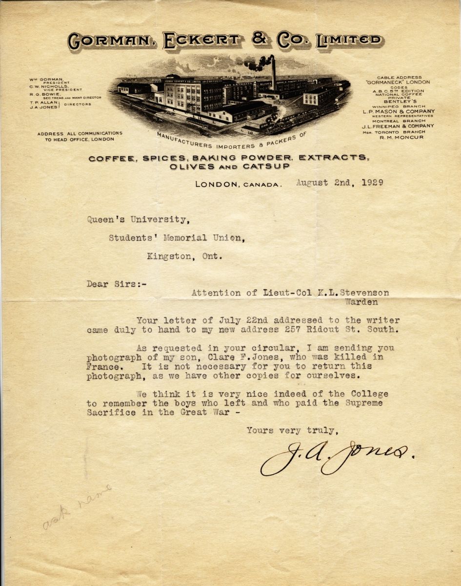 Letter from J,A. Jones to Queen's University, 2nd August 1929