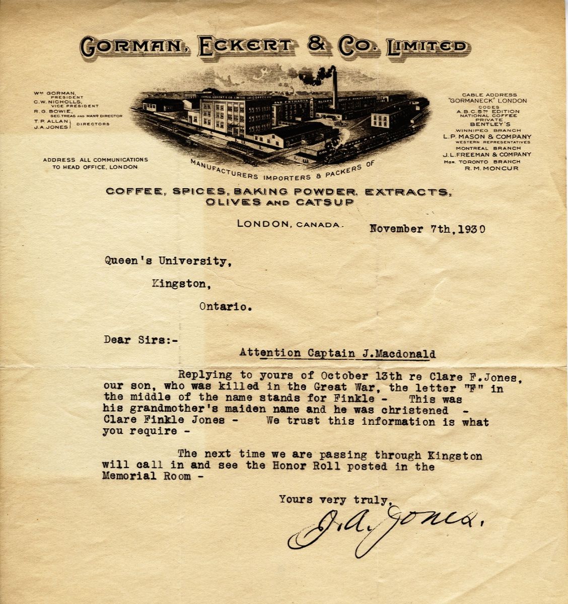 Letter from J.A. Jones to Queen's University, 7th November 1930