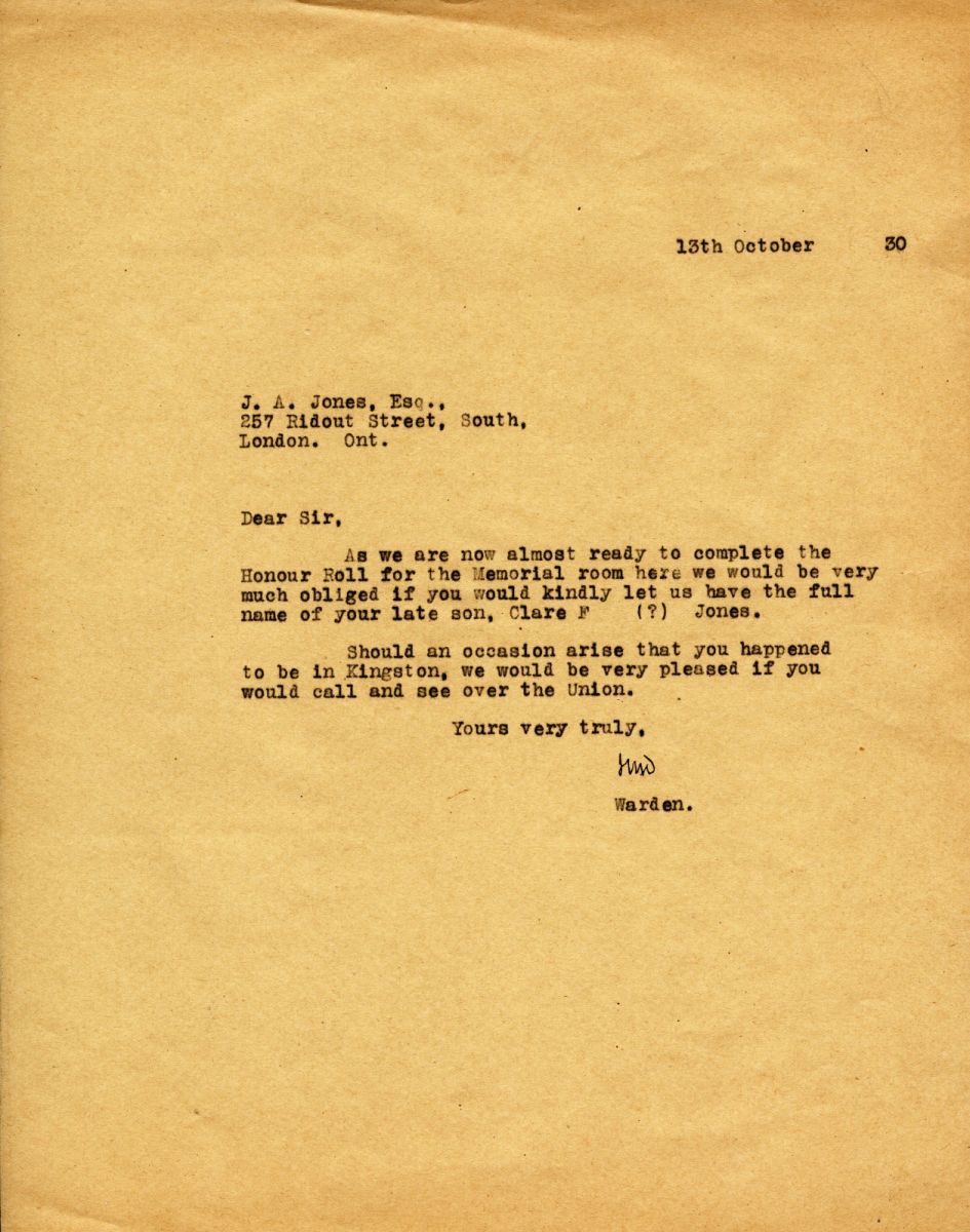 Letter from the Warden to Mr. J.A. Jones, 13th October 1930