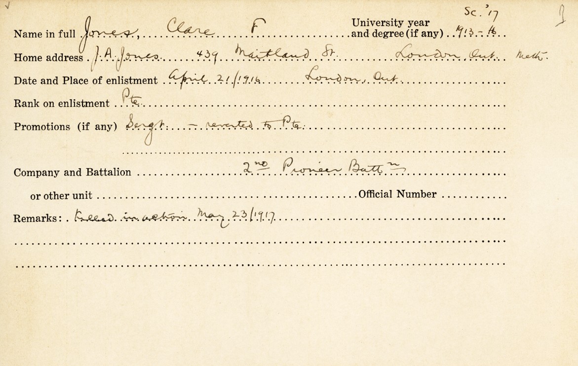 University Military Service Record of Jones