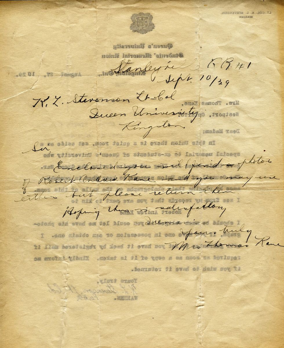 Letter from Mrs. Thomas Kane to Lt. Col. K.L. Stevenson, 10th September 1929