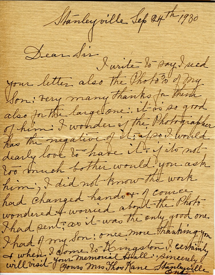 Letter from Mrs. Thos Kane, 24th September 1930