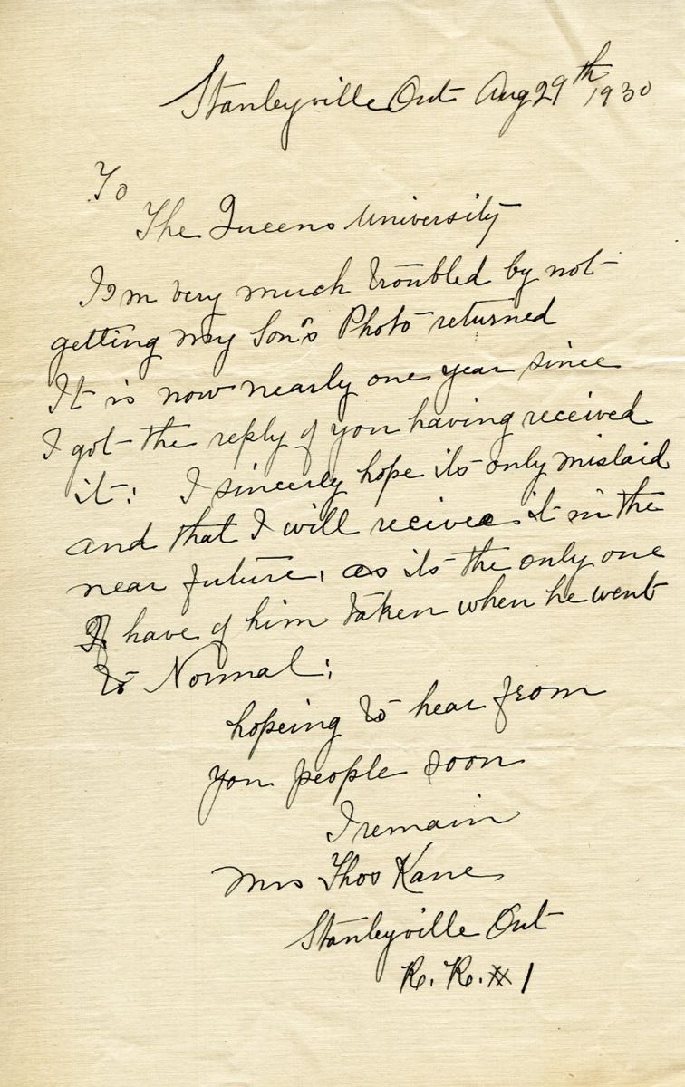 Letter from Mrs. Thomas Kane to Queen's University, 29th August 1930