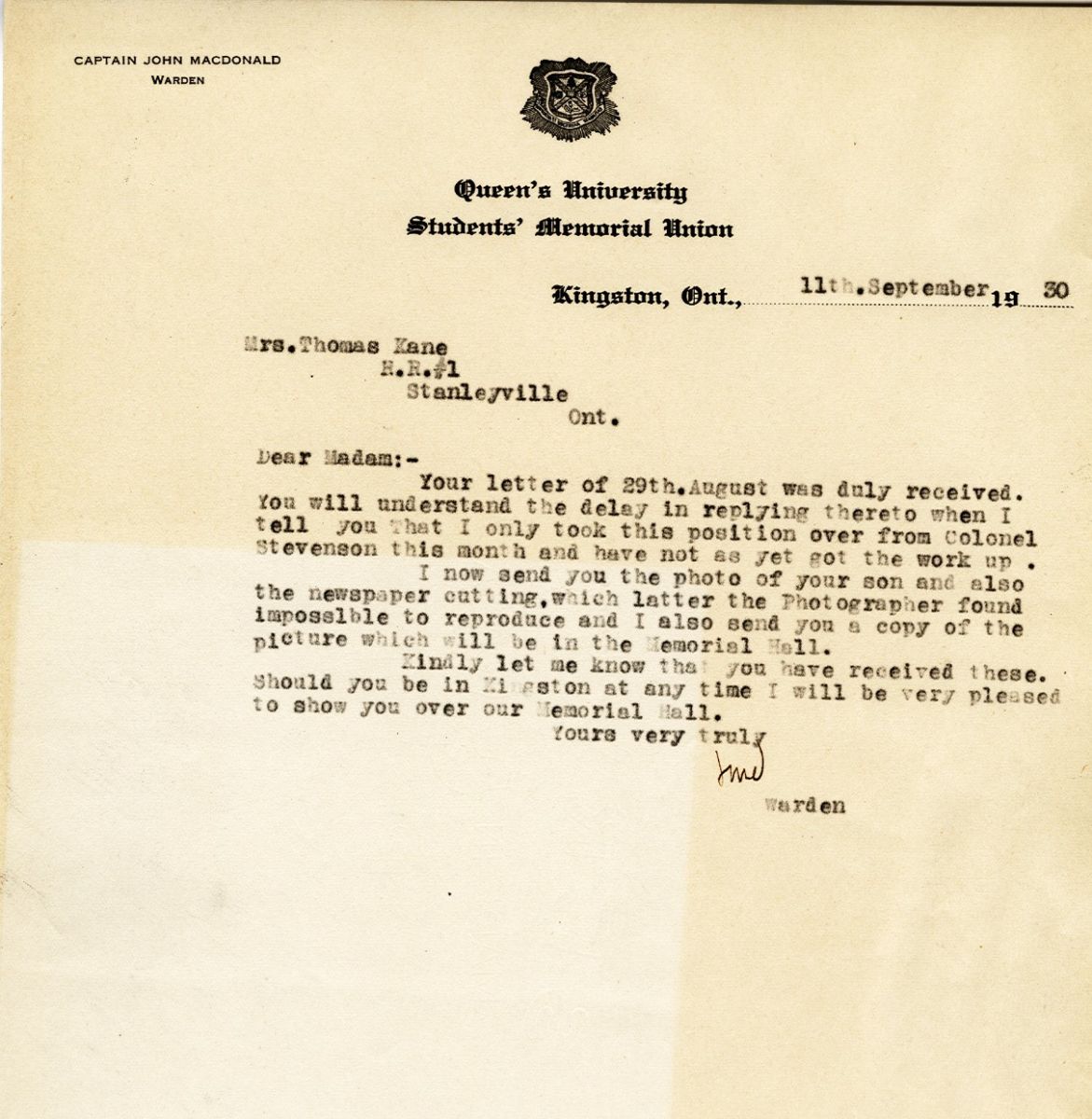 letter from the Warden to Mrs. Thomas Kane, 11th September 1930