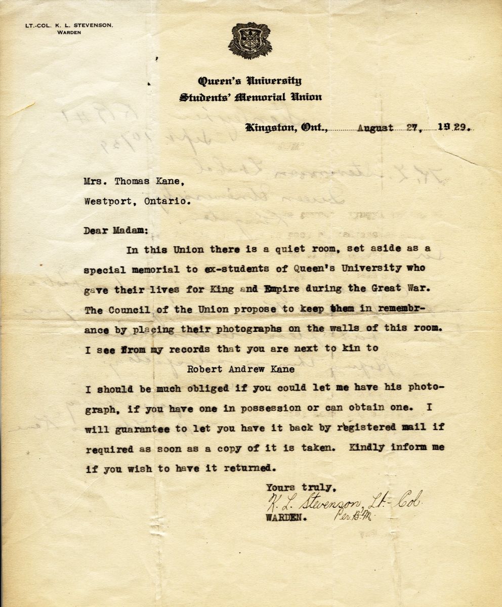 Letter from Lt. Col. K.L. Stevenson to Mrs. Thomas Kane, 27th August 1929
