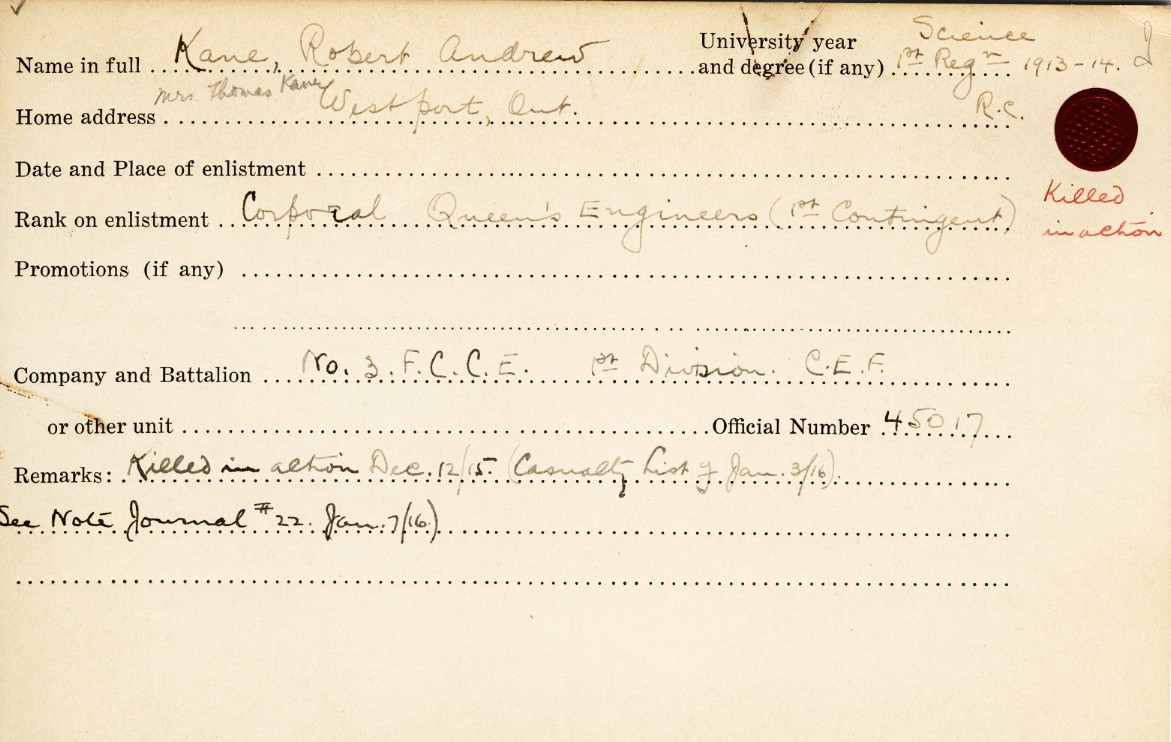 University Military Service Record of Kane