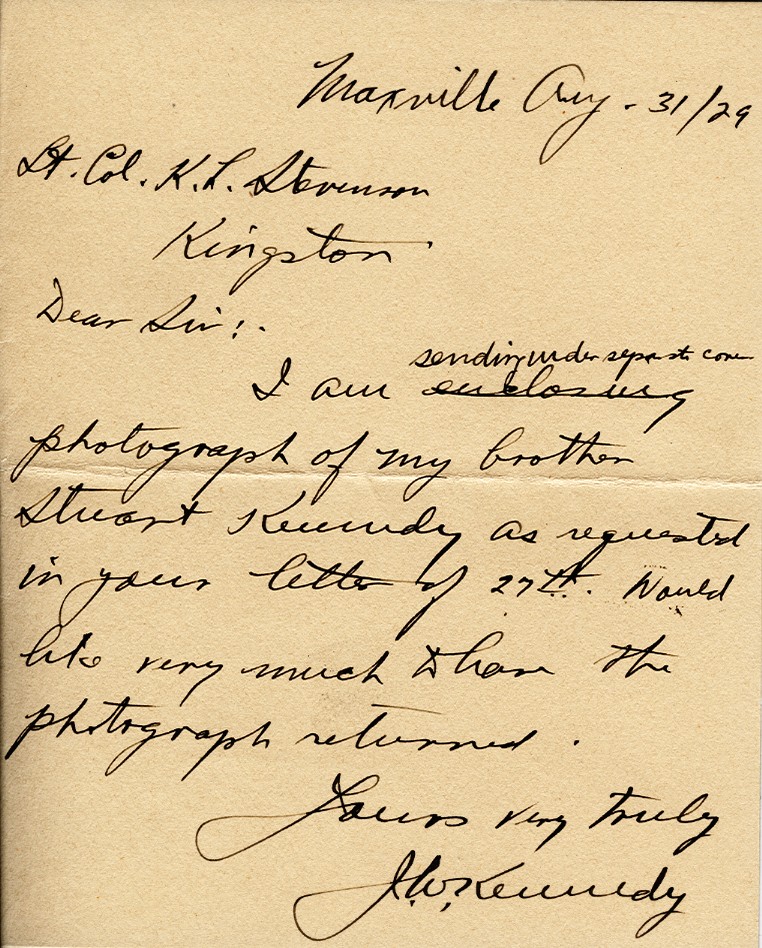 Letter from J.W. Kennedy to Lt. Col. K.L. Stevenson, 31st August 1929