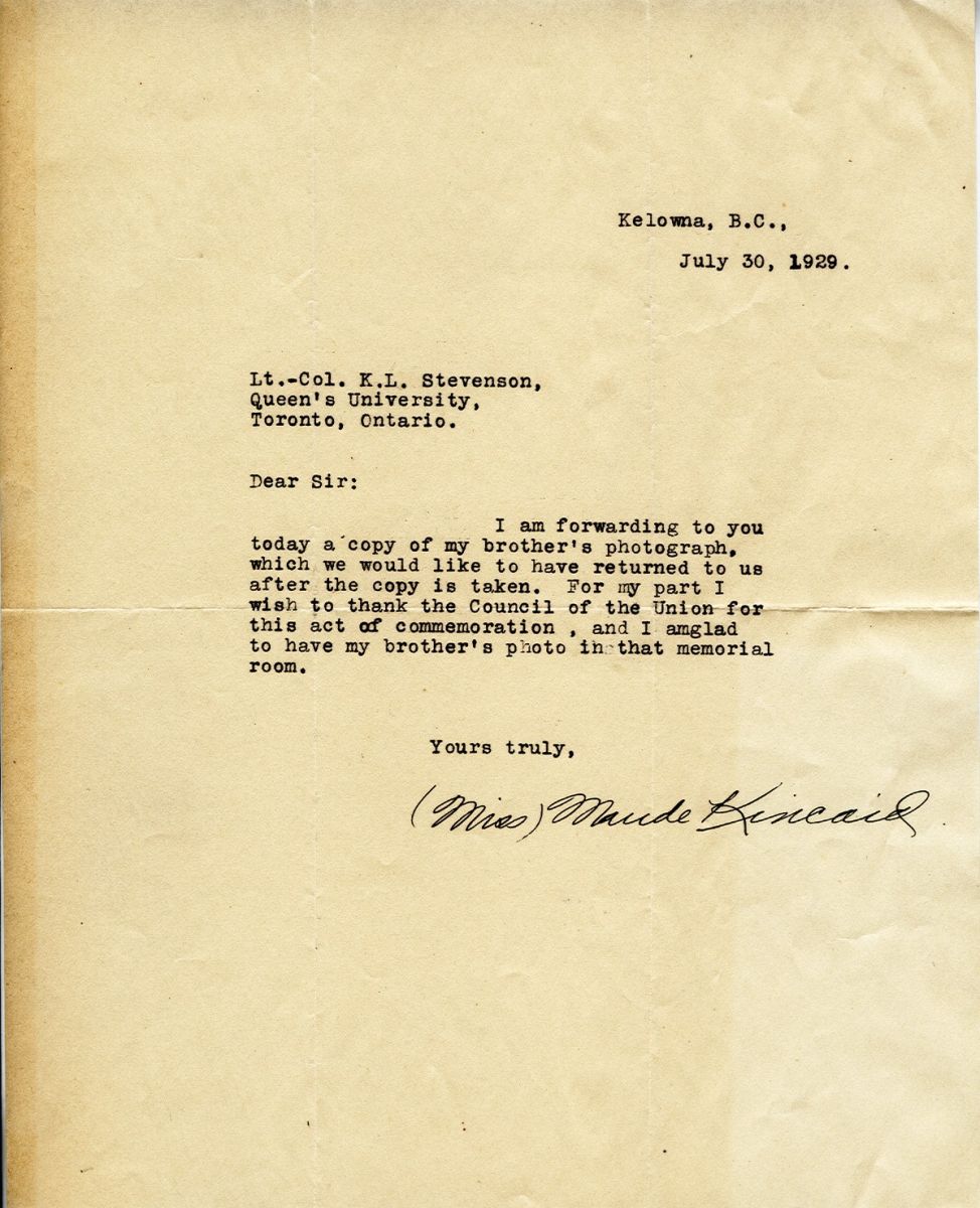 Letter from Miss Maude Kincaid to Lt. Col. K.L. Stevenson, 30th July 1929