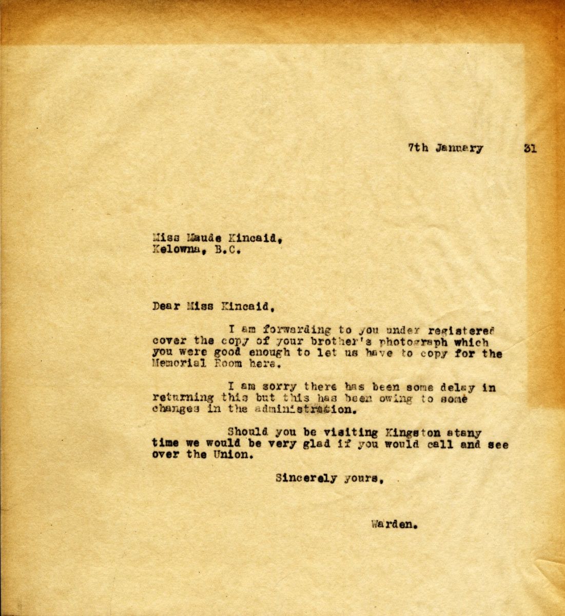 Letter from the Warden to Miss Maude Kincaid, 7th January 1931