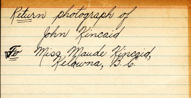 Photograph Return Address Card of Kincaid