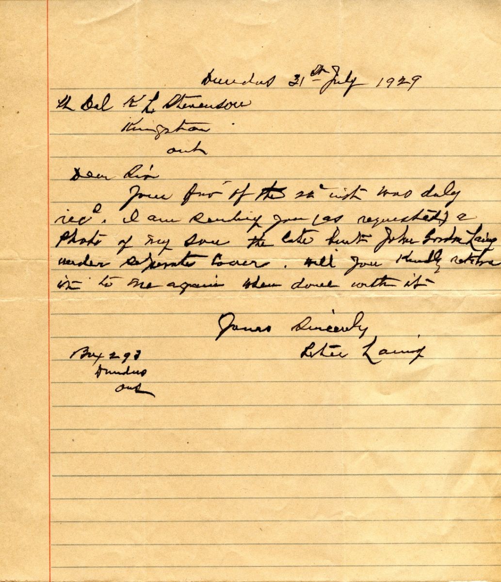 Letter from Peter Laing to :Lt. Col. K.L. Stevenson, 31st July 1929