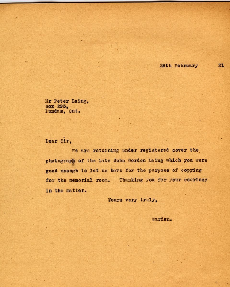 Letter from the Warden to Mr. Peter Laing, 28th February 1931