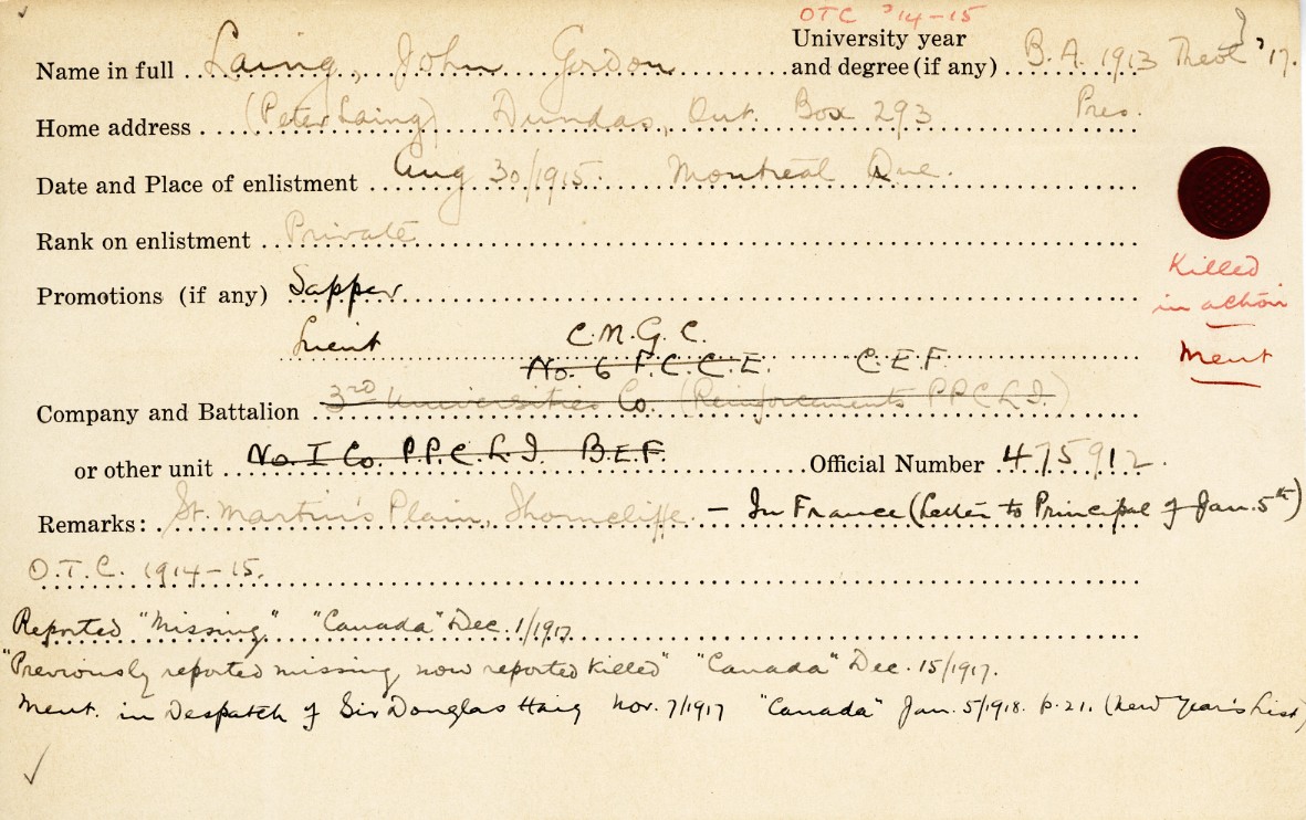 University Military Service Record of Laing, Front Page