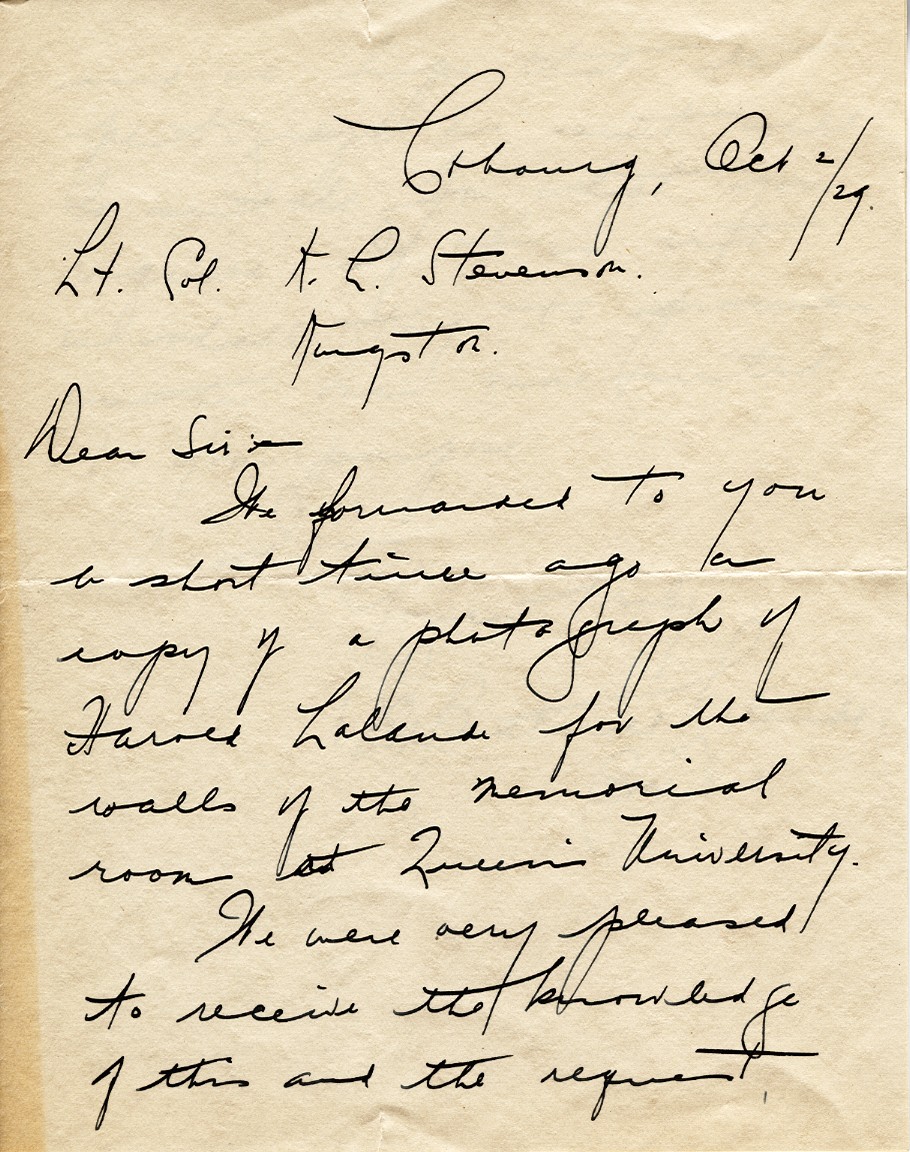 Letter from M. Beatrice Lalonde to Lt. Col. K.L. Stevenson, 2nd October 1929, Page 1