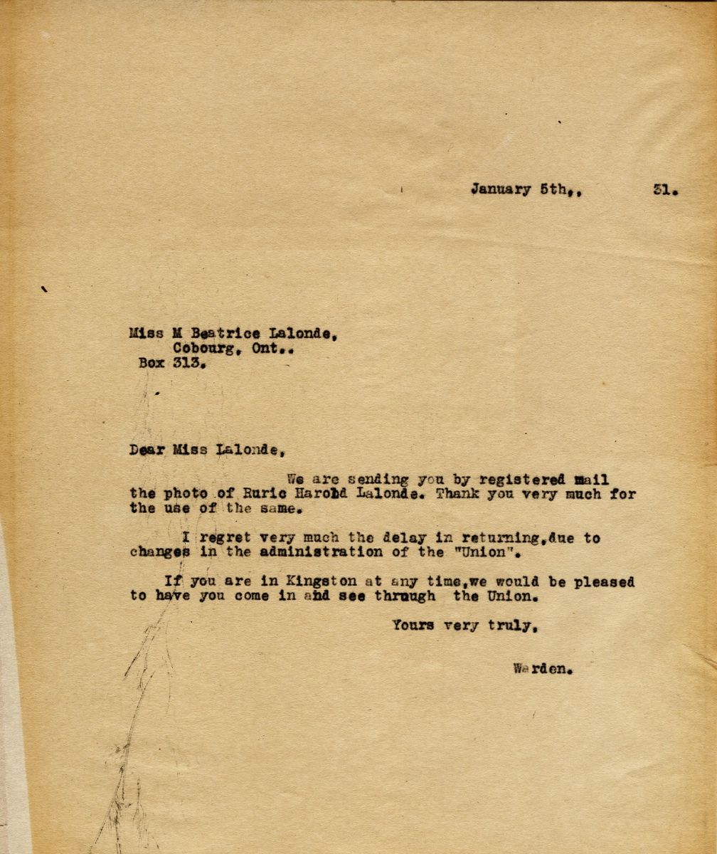 Letter from the Warden to Miss M. Beatrice Lalonde, 5th January 1931
