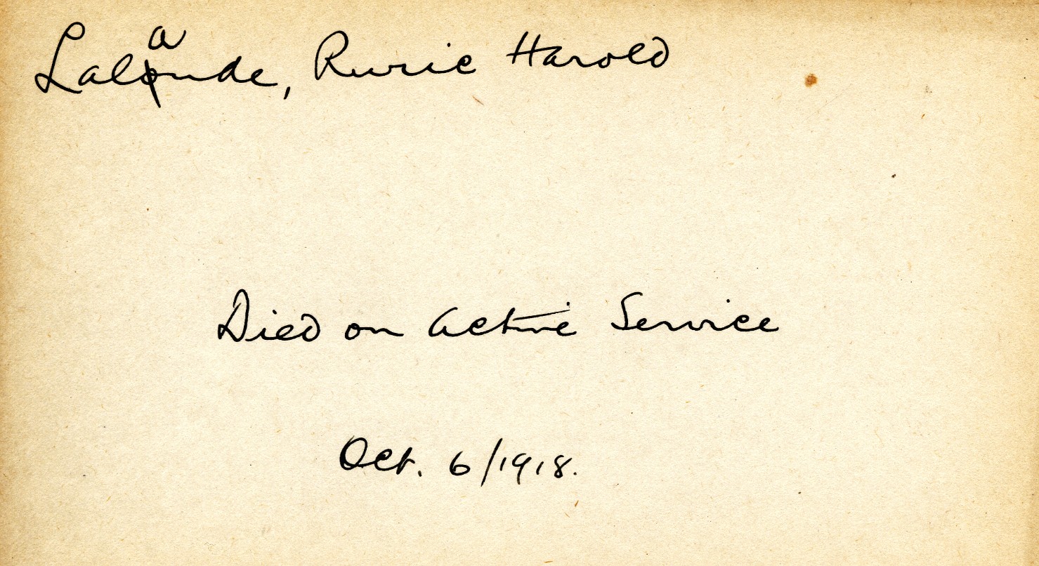 Card Describing Cause of Death of Lalonde, 6th October 1918