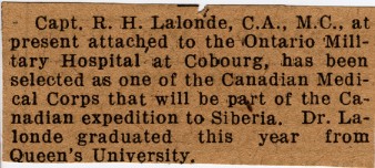 News Clipping Reporting Selection of Lalonde in the Canadian Medical Corps