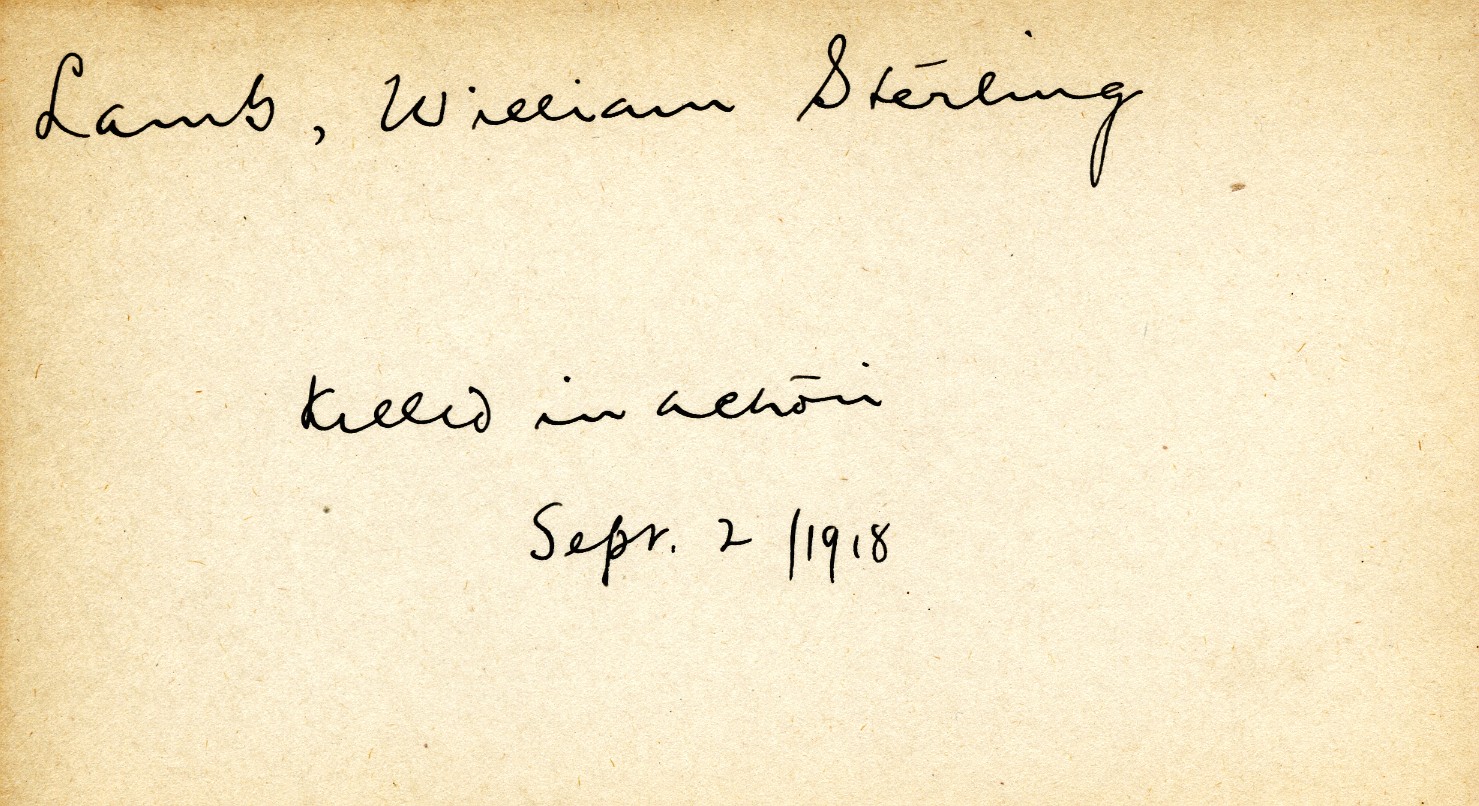 Card Describing Cause of Death of William Sterling Lamb, 2nd September 1918