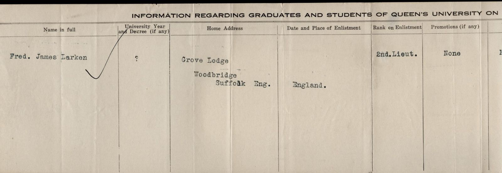 University Overseas Service Record of Frederick James Larkin, First Half 