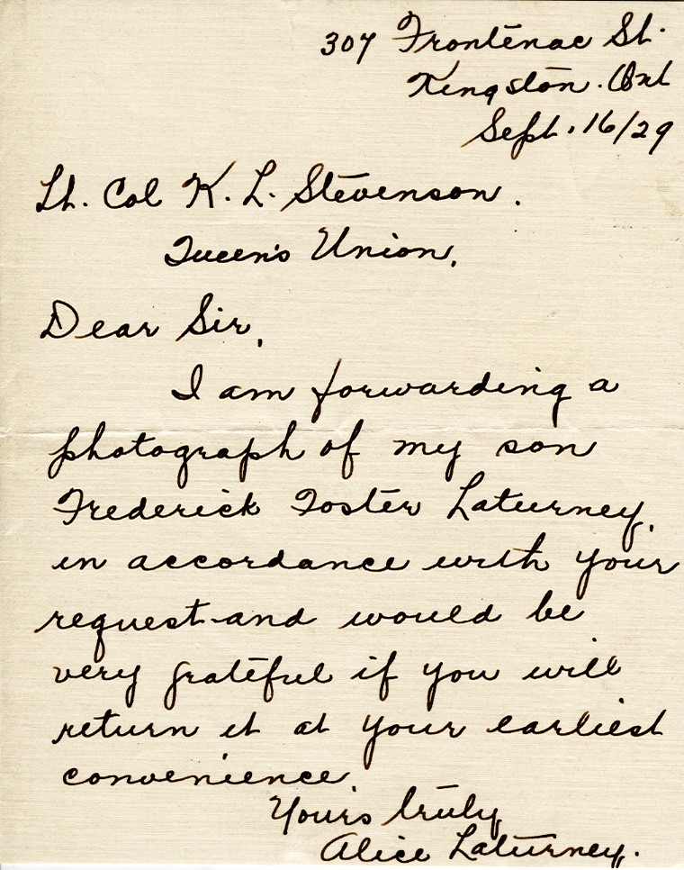 Letter from Alice Laturney to Lt. Col. K.L. Stevenson, 16th September 1929